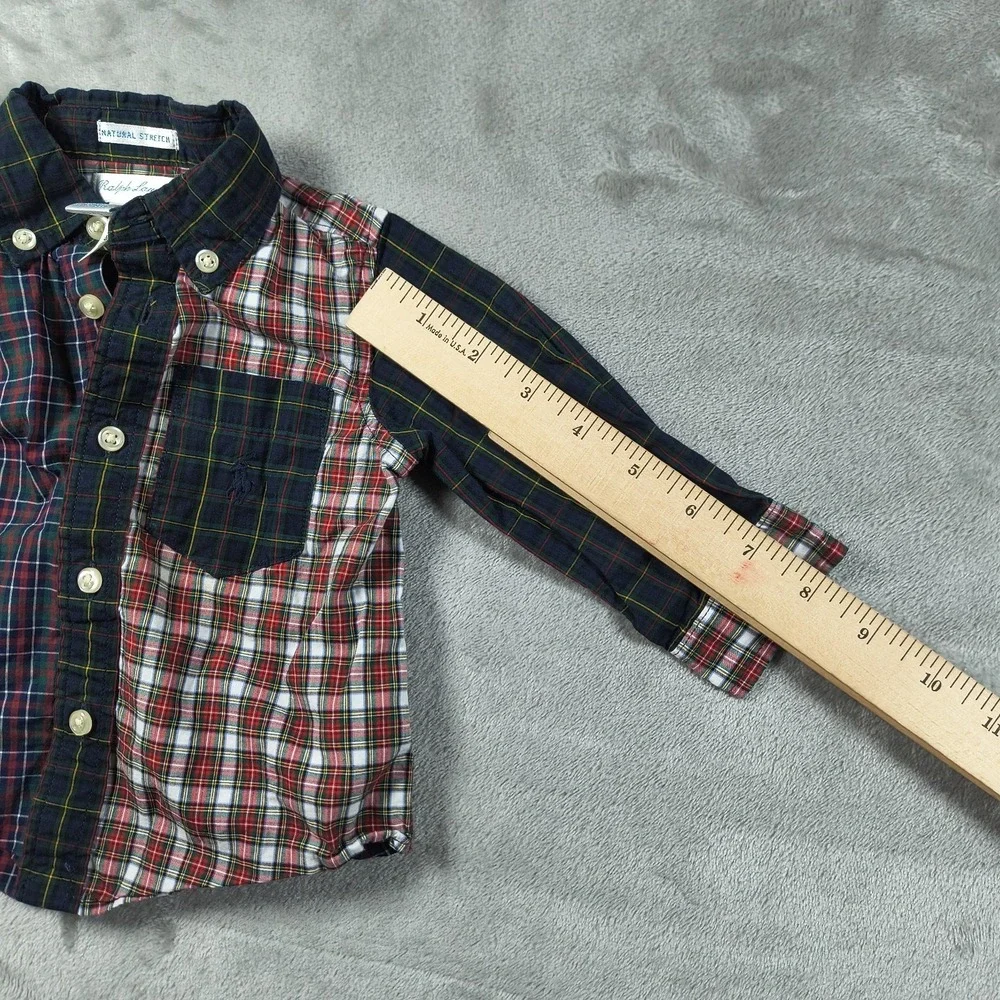 Ralph Lauren Baby Boy Shirt 6M Plaid Button Up Tartan Patchwork Stretch